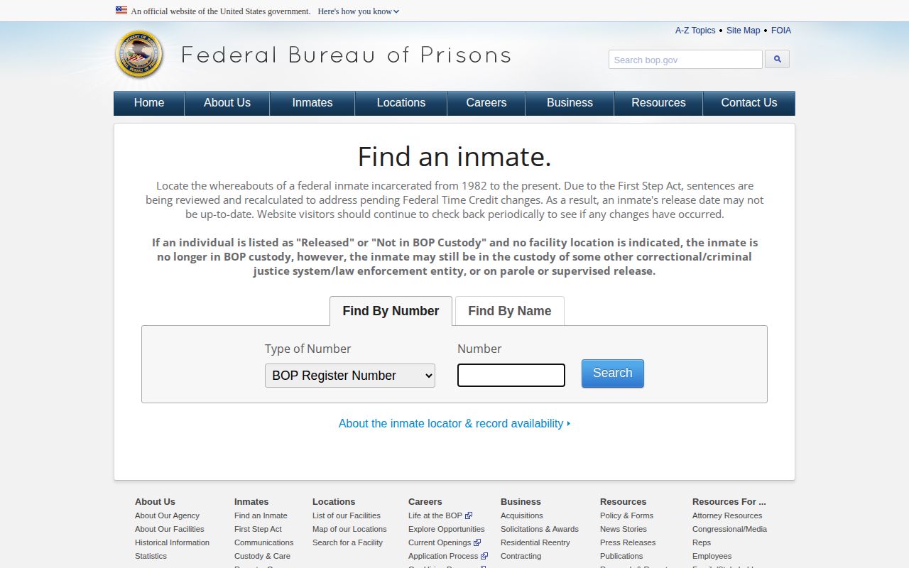 Federal BOP locator for a released inmate connected to Utah