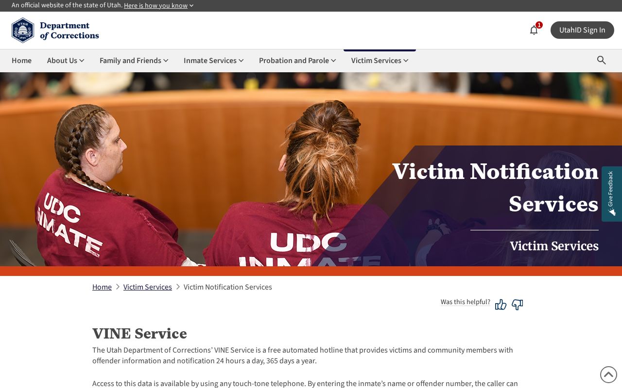 Utah UDC VINE release notification guidance