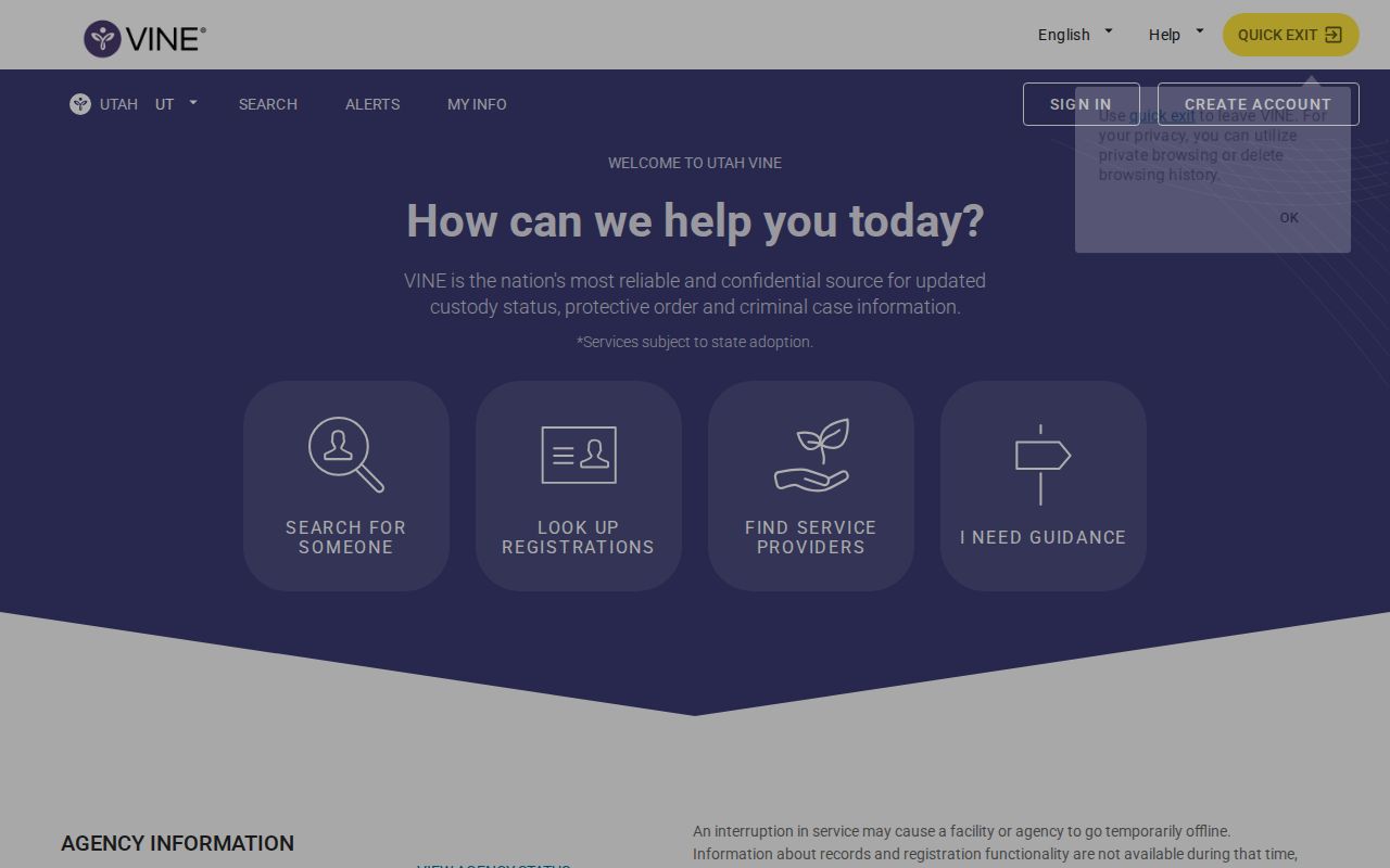 VINELink Utah released inmate search and notification screen
